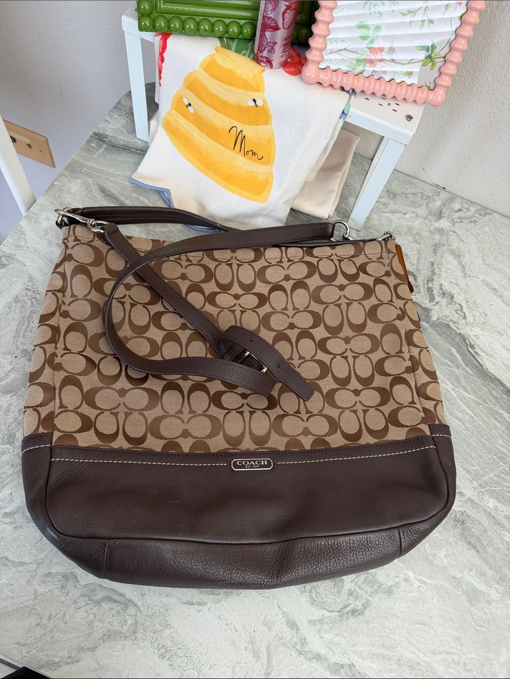 Coach Brown Signature Logo Shoulder Bag with Dark Brown Leather Trim